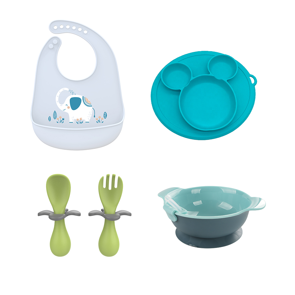 Set de alimentación para bebé. Plato silicon, bowl, cubiertos y babero -  GoBaby
